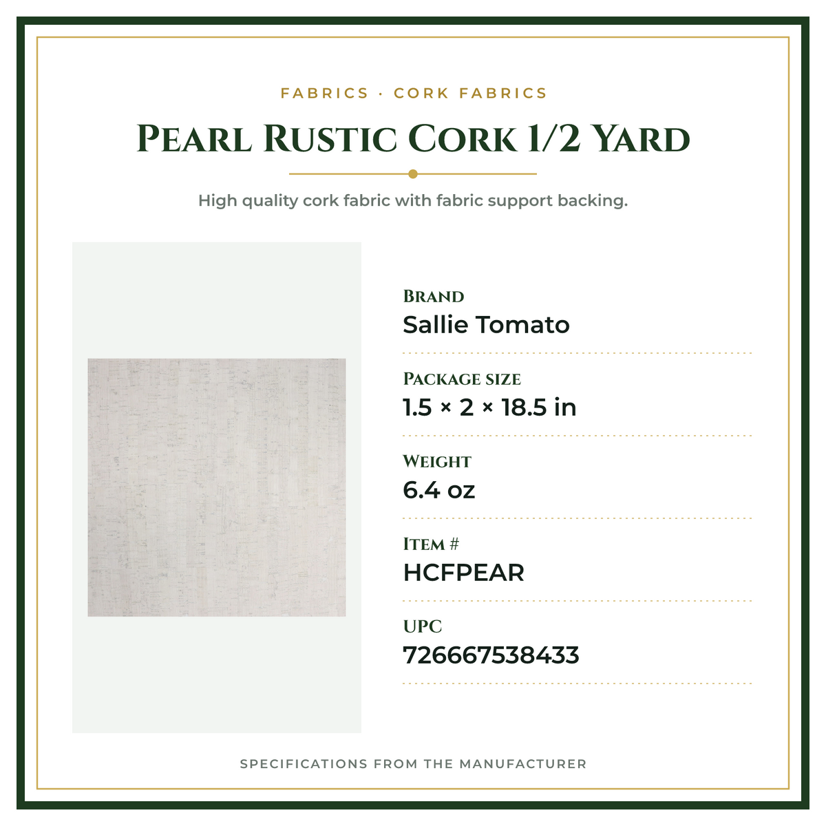 Product Specifications – Pearl Rustic Cork 1/2 Yard