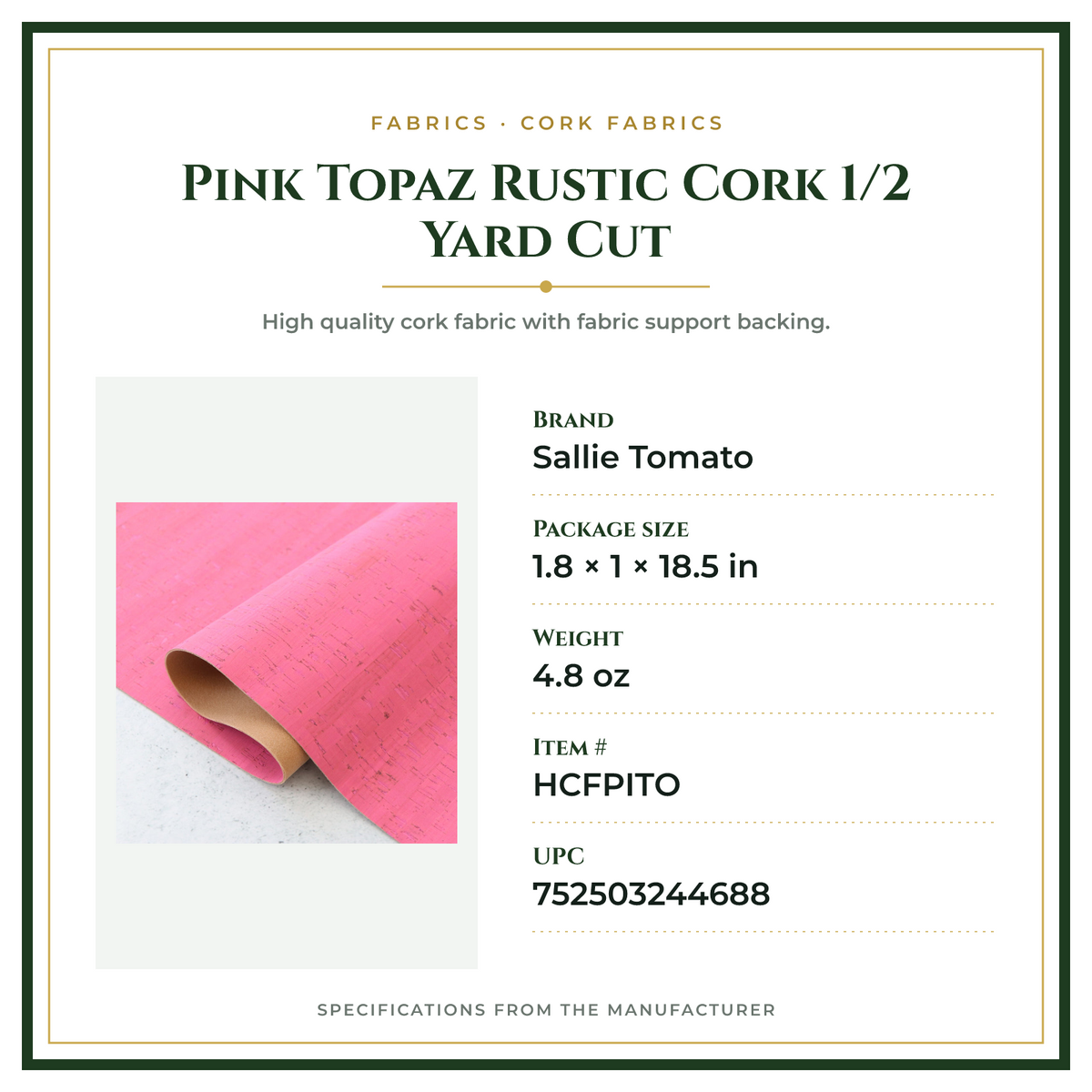 Product Specifications – Pink Topaz Rustic Cork 1/2 Yard Cut