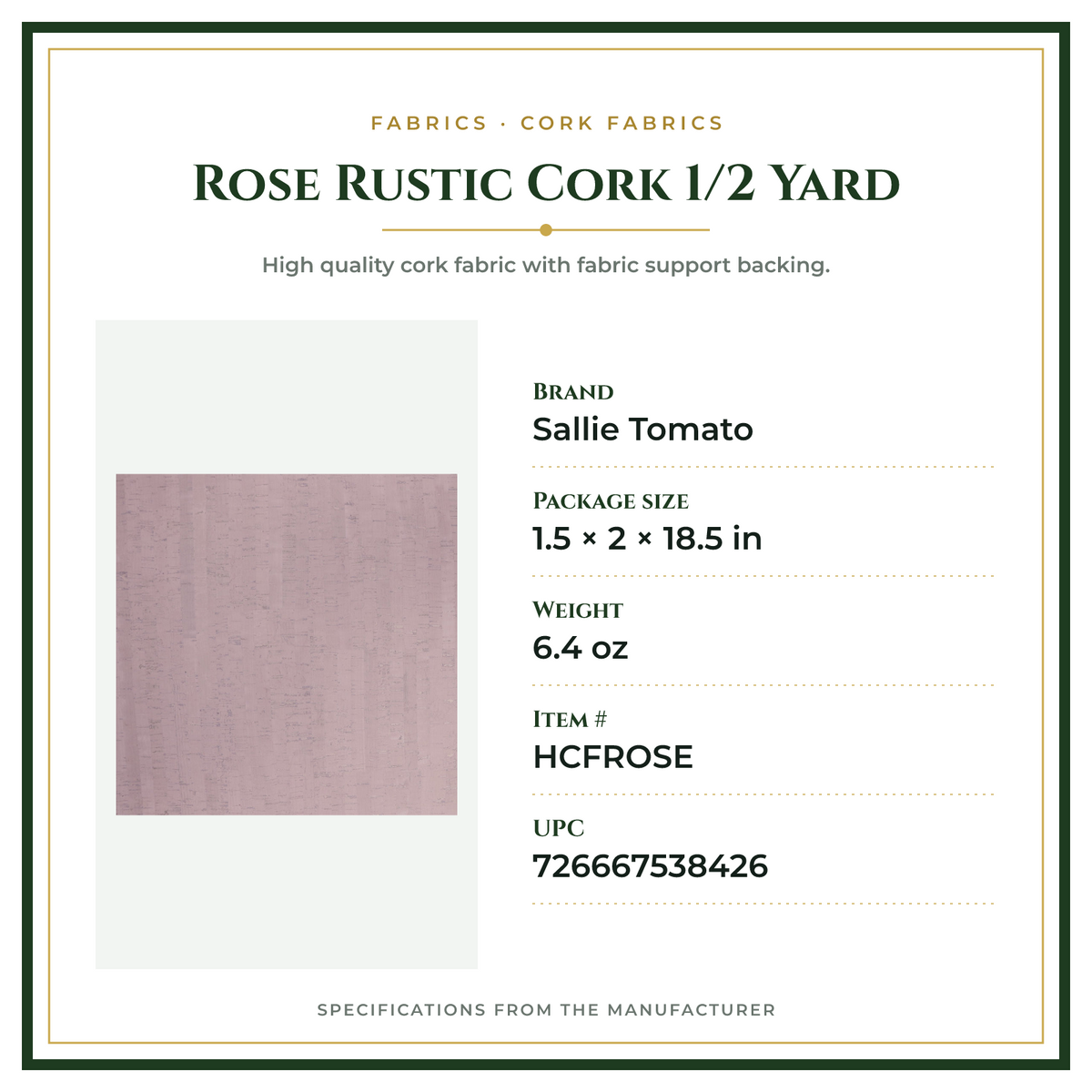 Product Specifications – Rose Rustic Cork 1/2 Yard