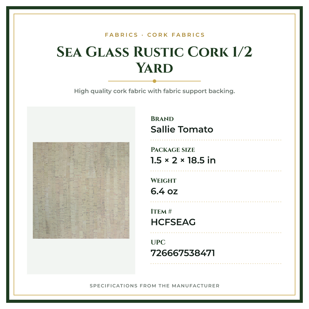 Product Specifications – Sea Glass Rustic Cork 1/2 Yard