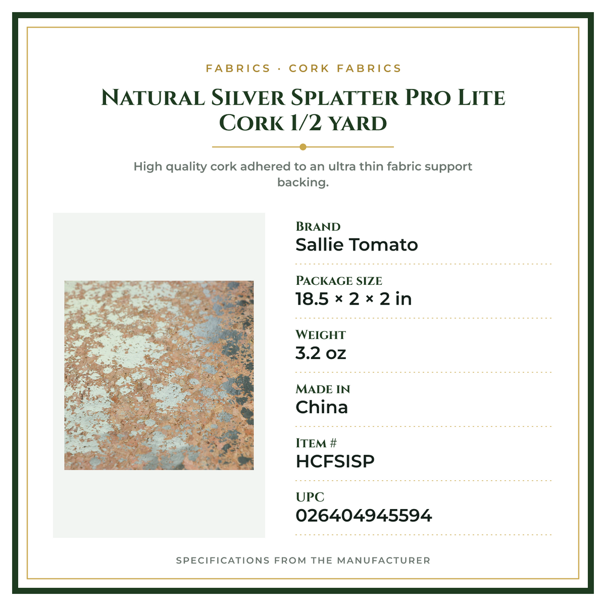 Product Specifications – Natural Silver Splatter Pro Lite Cork 1/2 yard