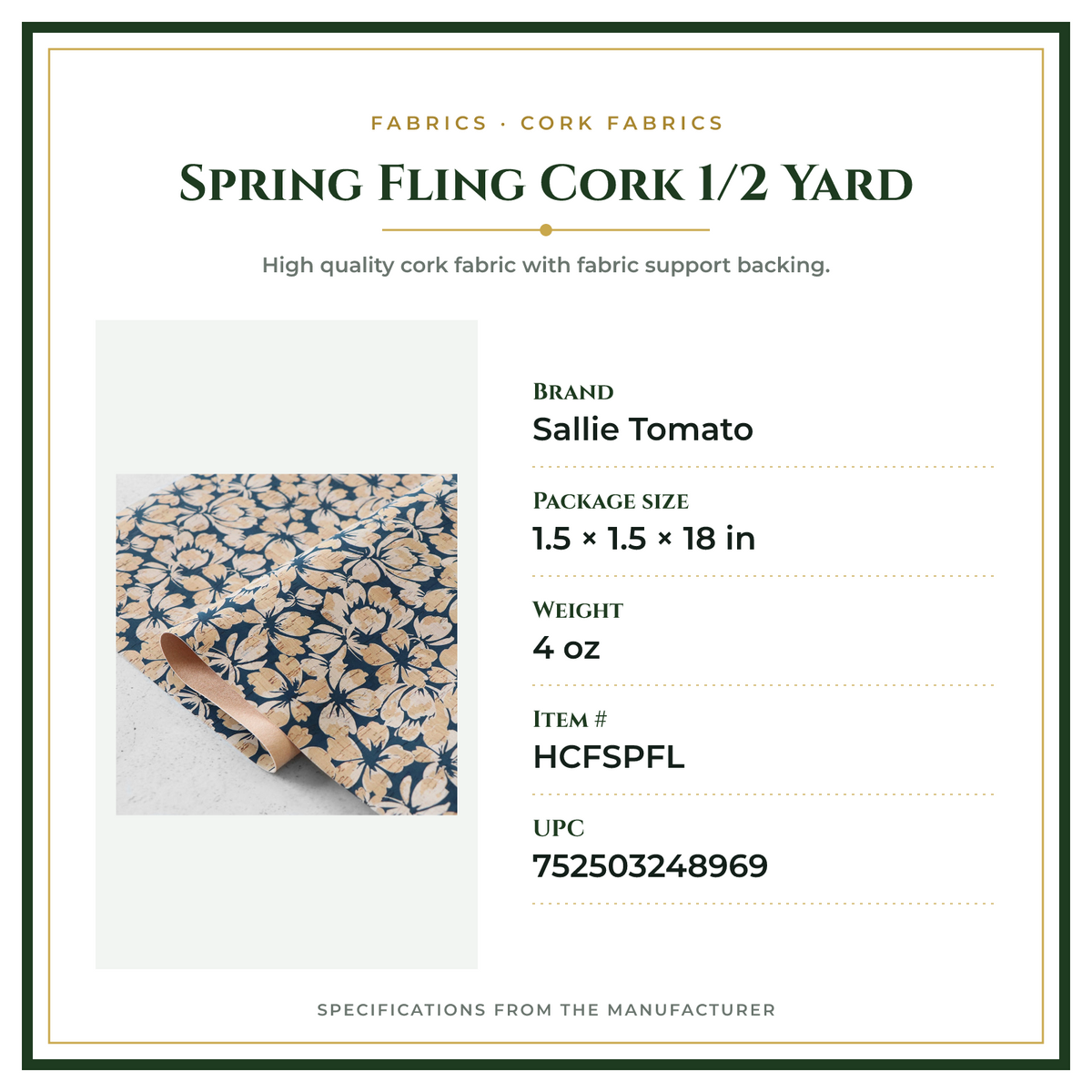 Product Specifications – Spring Fling Cork 1/2 Yard