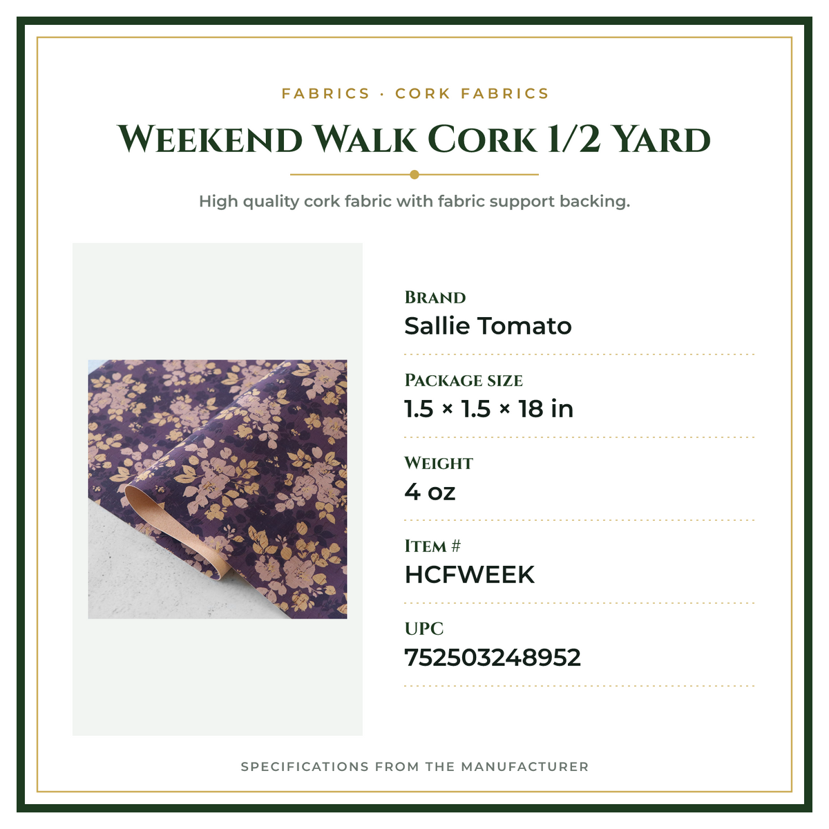 Product Specifications – Weekend Walk Cork 1/2 Yard