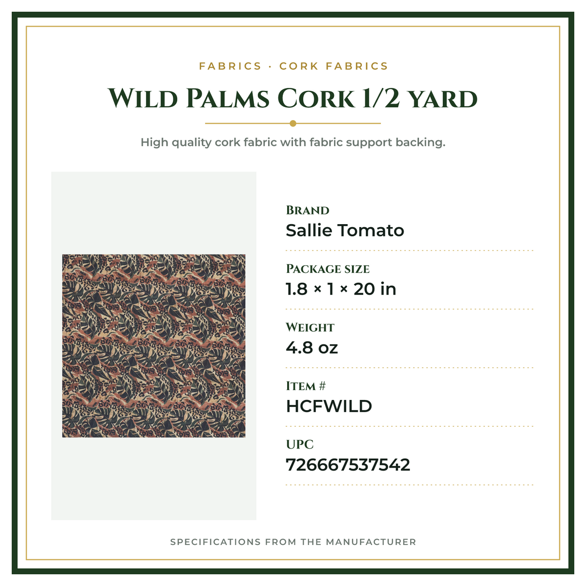 Product Specifications – Wild Palms Cork 1/2 yard
