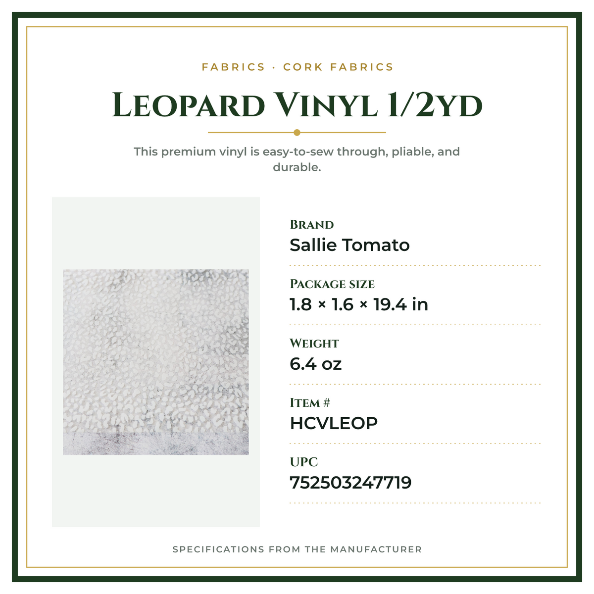 Product Specifications – Leopard Vinyl 1/2yd