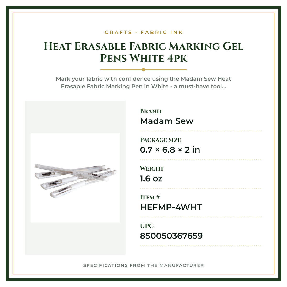 Product Specifications – Heat Erasable Fabric Marking Gel Pens White 4pk