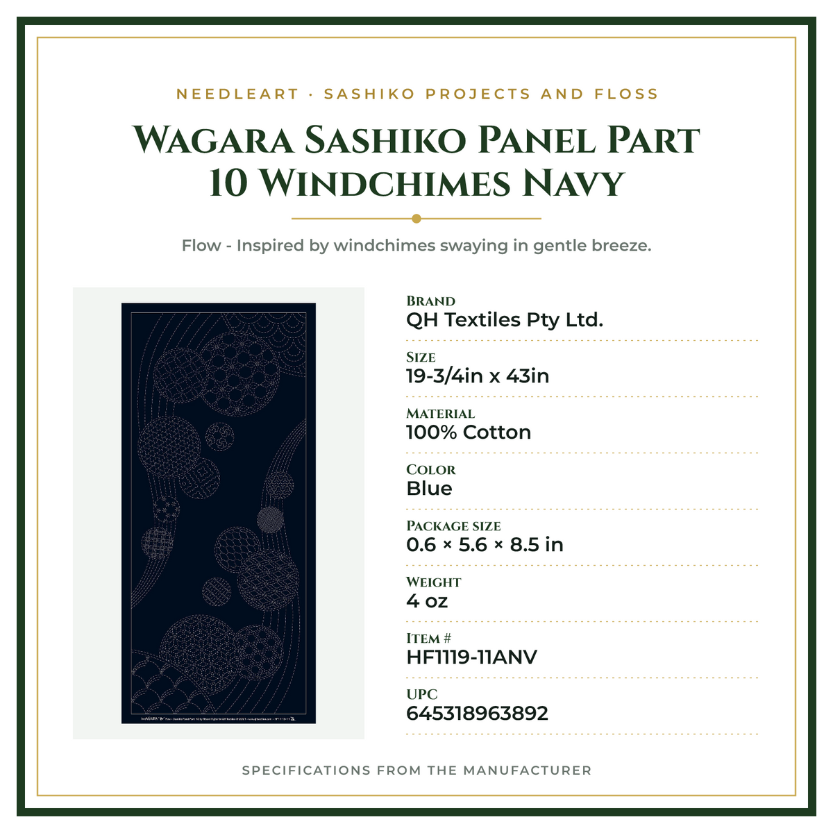Product Specifications – Wagara Sashiko Panel Part 10 Windchimes Navy