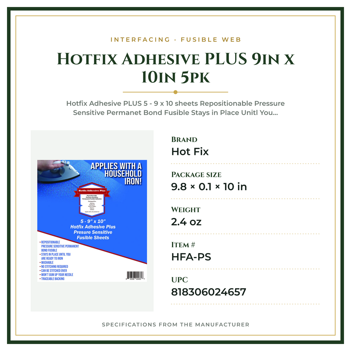 Product Specifications – Hotfix Adhesive PLUS 9in x 10in 5pk
