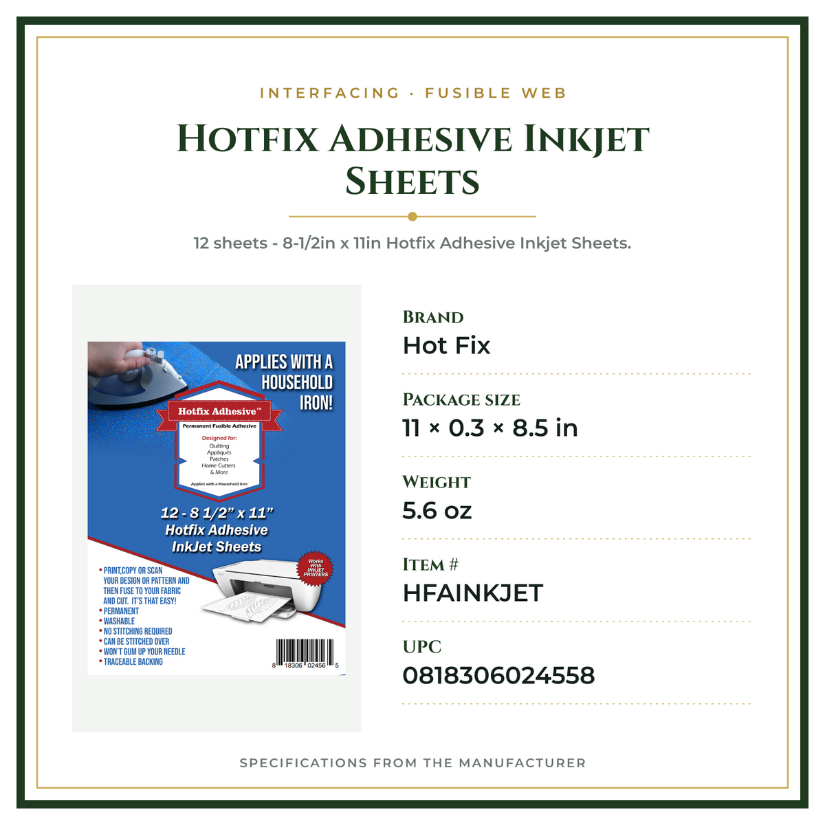 Product Specifications – Hotfix Adhesive Inkjet Sheets