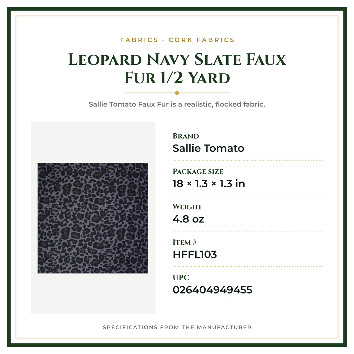 Product Specifications – Leopard Navy Slate Faux Fur 1/2 Yard