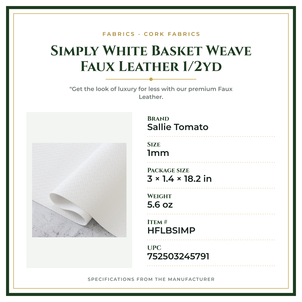 Product Specifications – Simply White Basket Weave Faux Leather 1/2yd