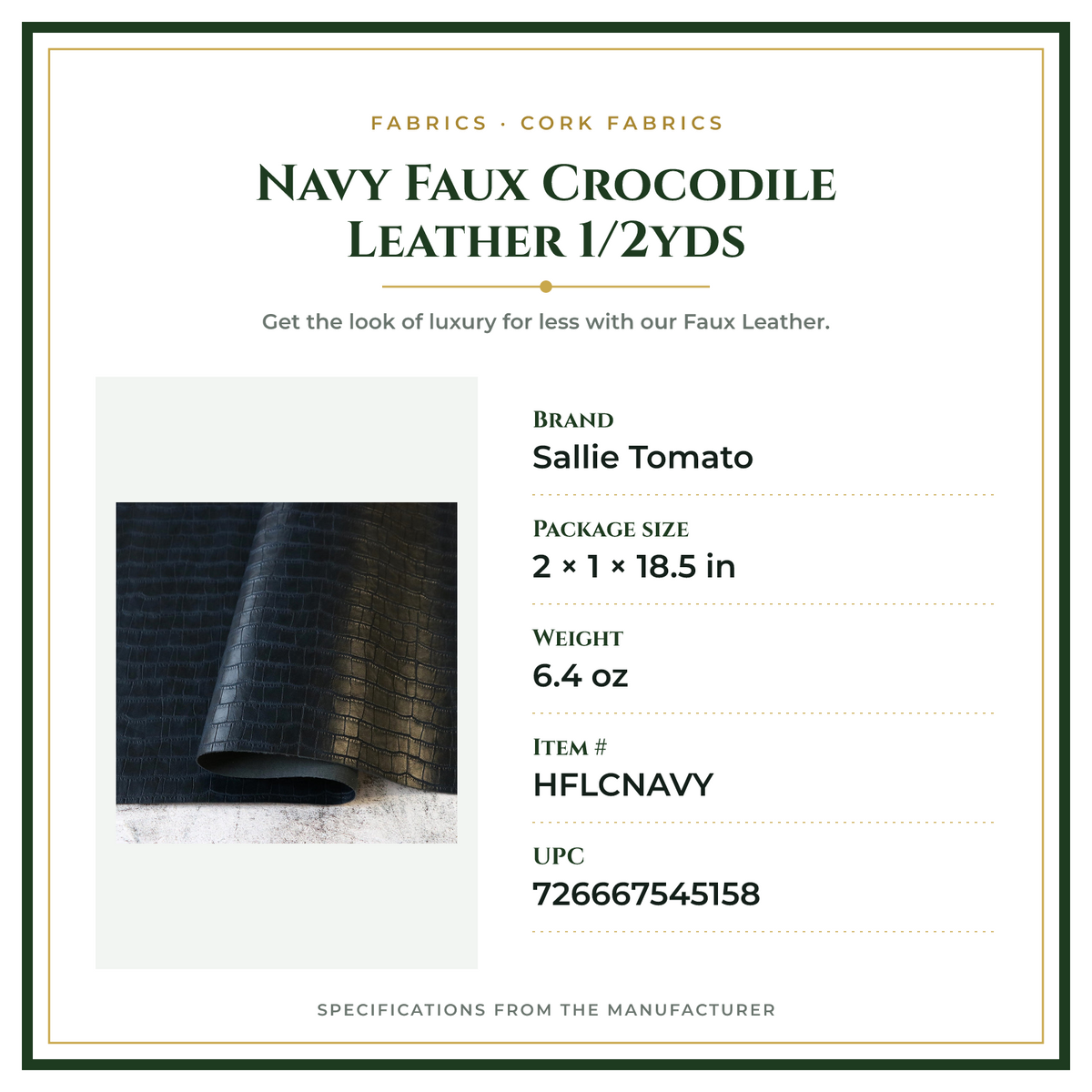 Product Specifications – Navy Faux Crocodile Leather 1/2yds