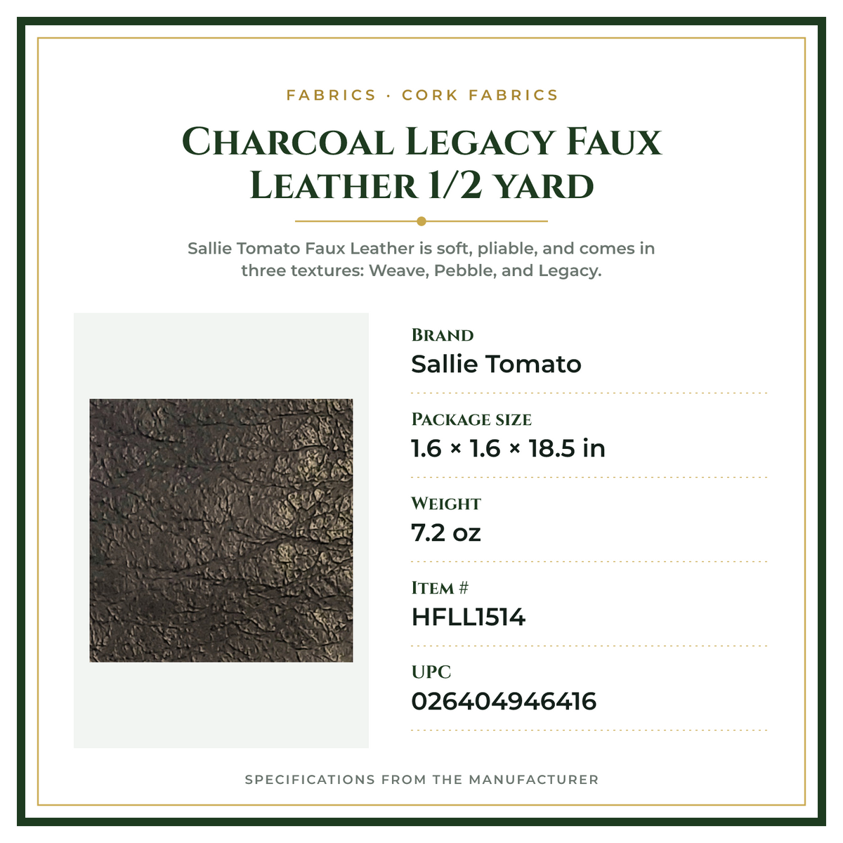 Product Specifications – Charcoal Legacy Faux Leather 1/2 yard
