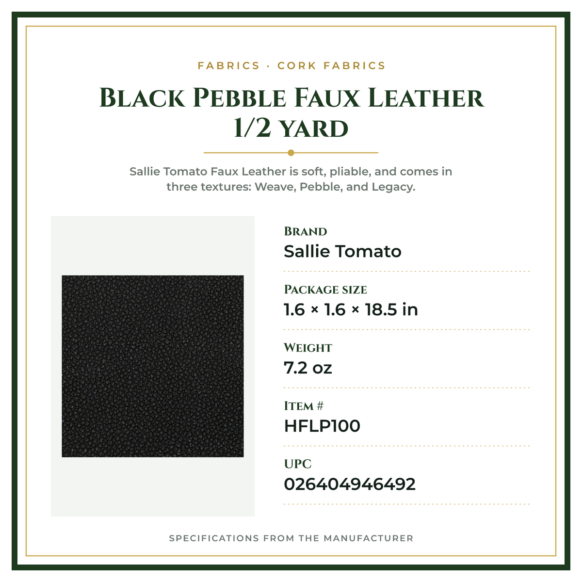 Product Specifications – Black Pebble Faux Leather 1/2 yard