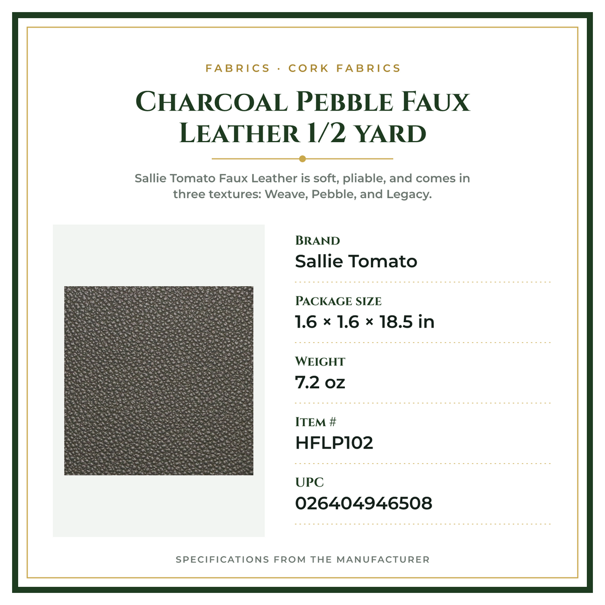 Product Specifications – Charcoal Pebble Faux Leather 1/2 yard