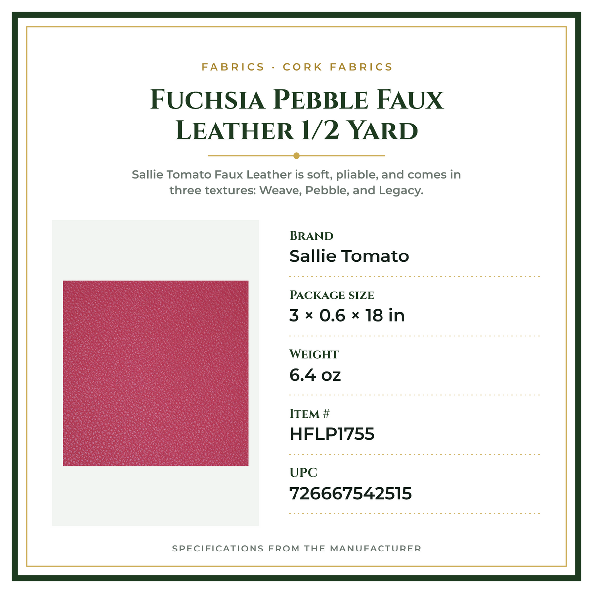 Product Specifications – Fuchsia Pebble Faux Leather 1/2 Yard