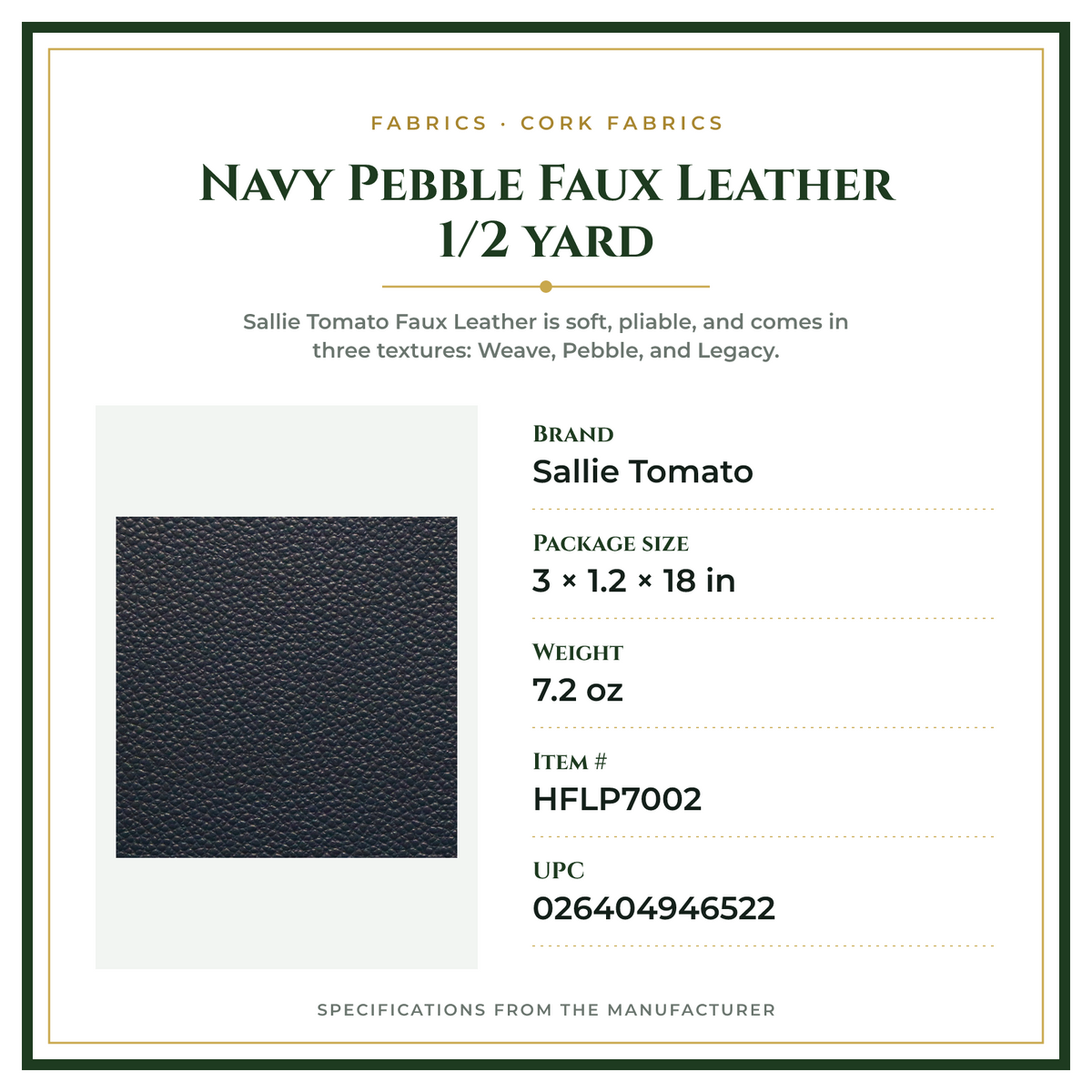 Product Specifications – Navy Pebble Faux Leather 1/2 yard