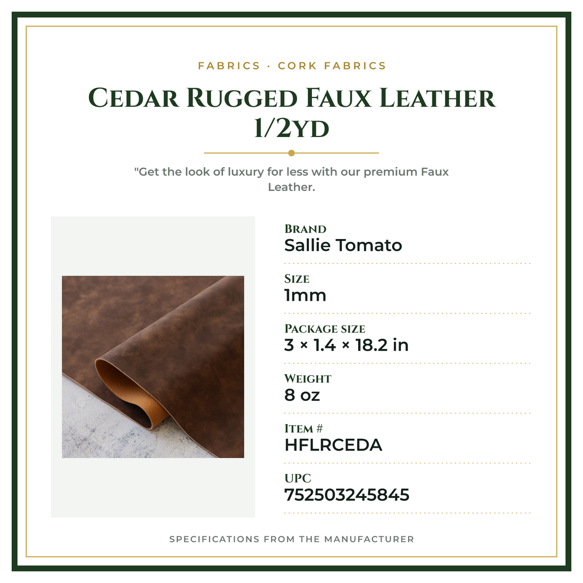 Product Specifications – Cedar Rugged Faux Leather 1/2yd