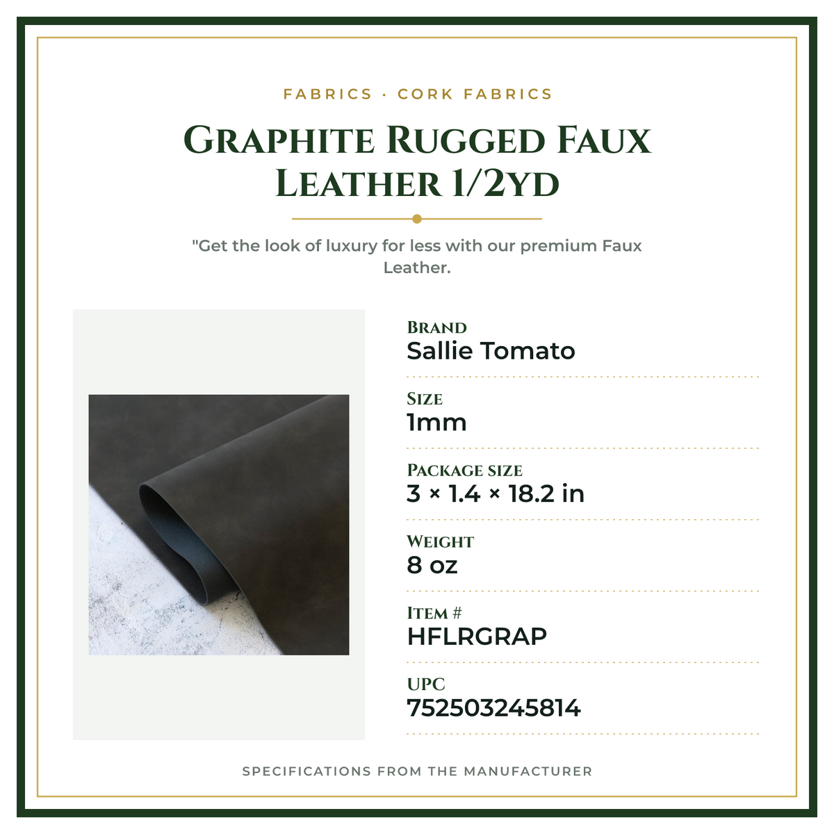 Product Specifications – Graphite Rugged Faux Leather 1/2yd