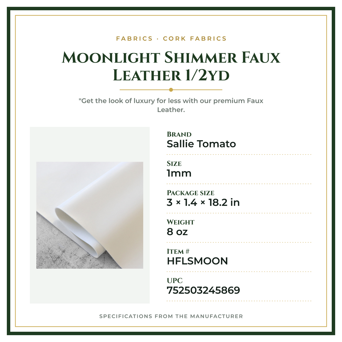 Product Specifications – Moonlight Shimmer Faux Leather 1/2yd