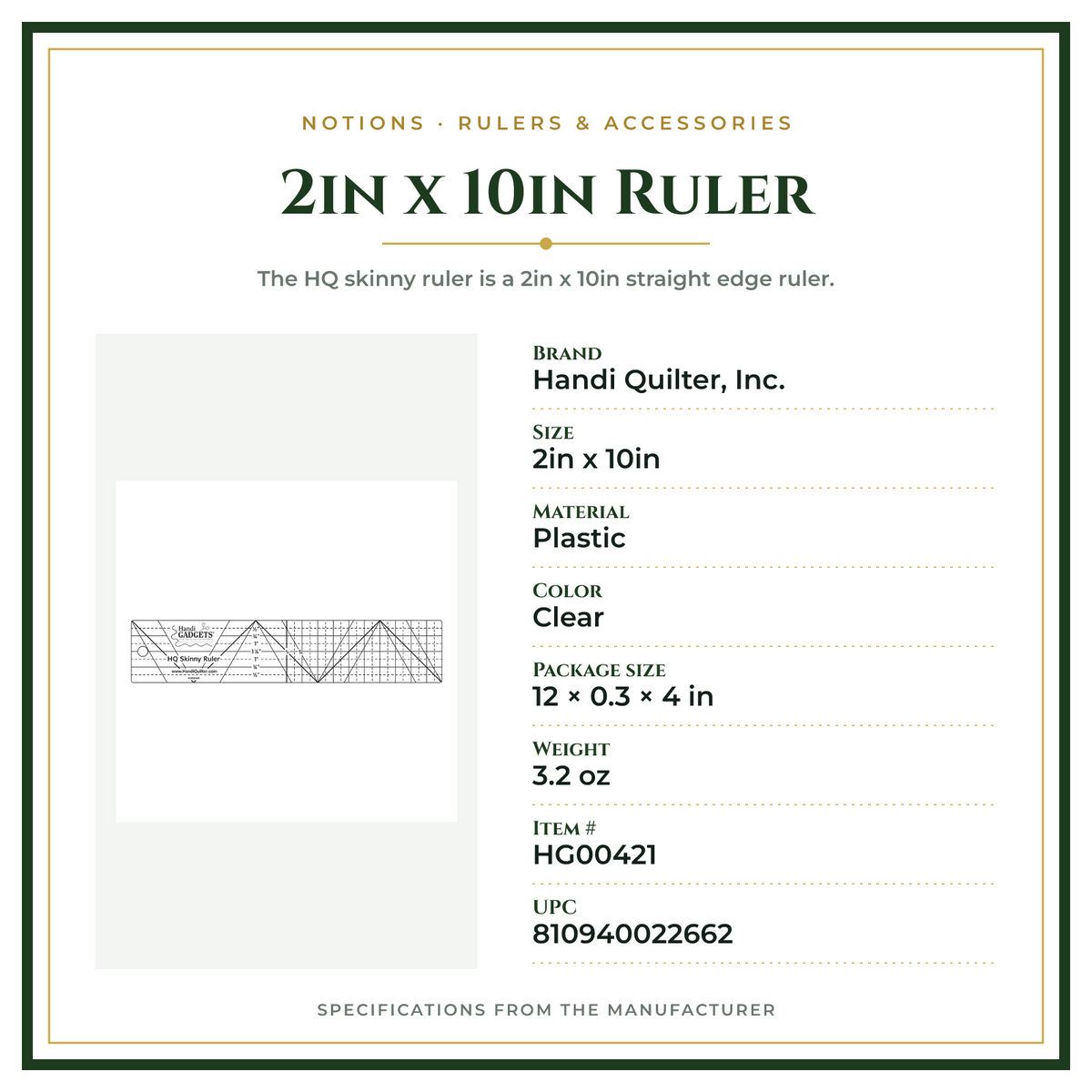 Product Specifications – 2in x 10in Ruler
