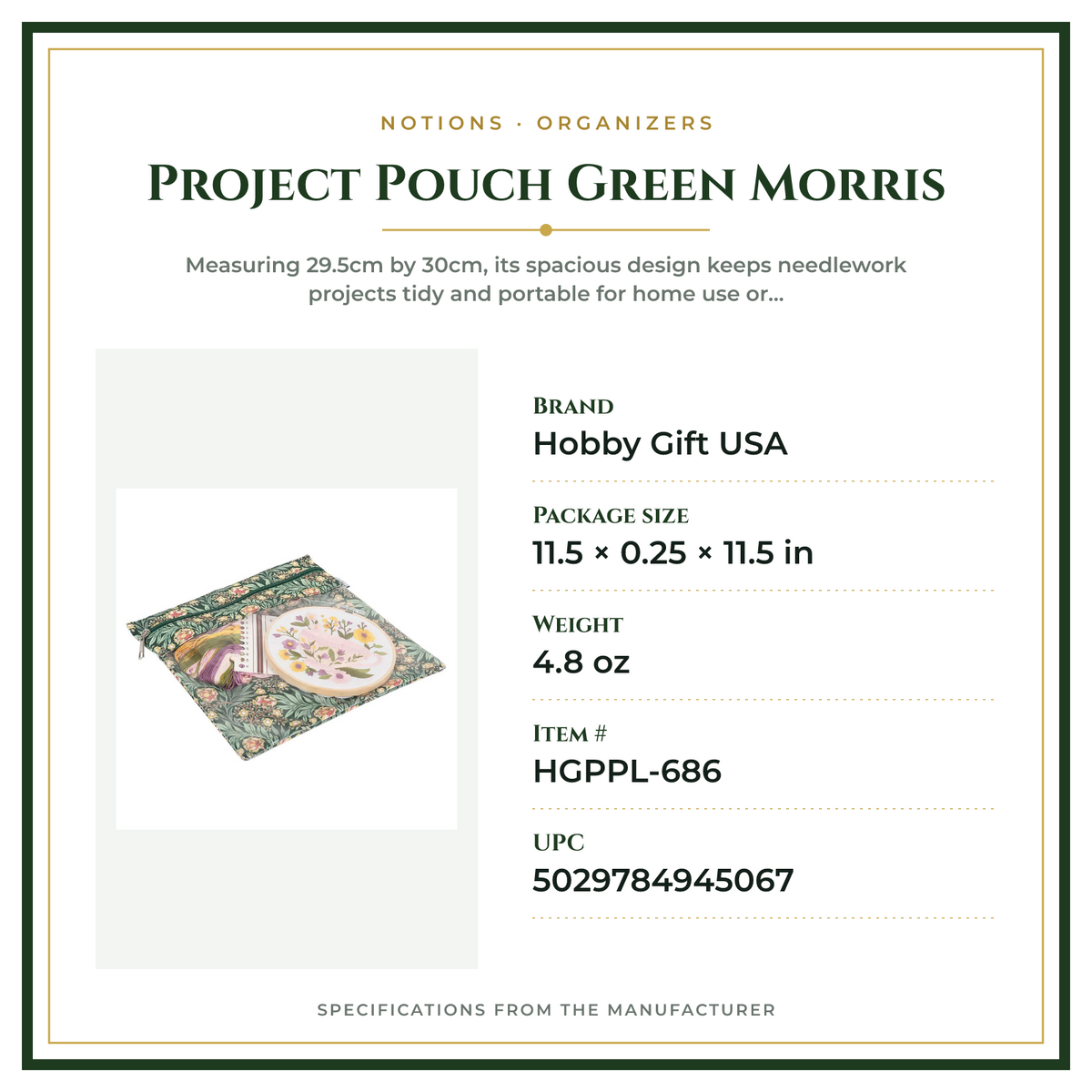 Product Specifications – Project Pouch Green Morris