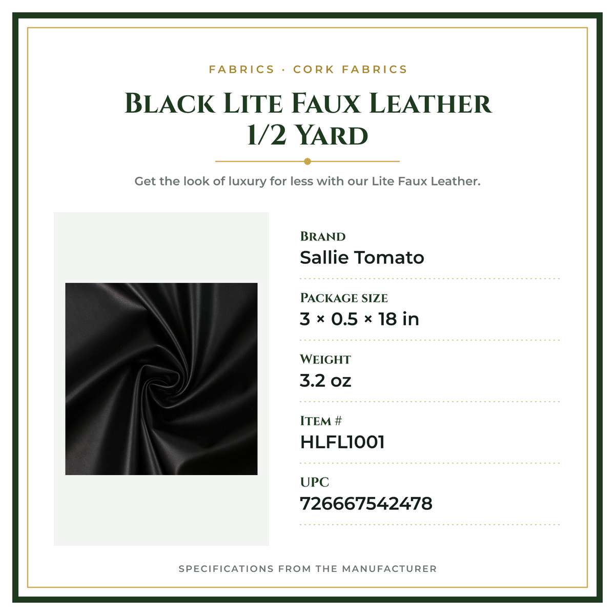 Product Specifications – Black Lite Faux Leather 1/2 Yard