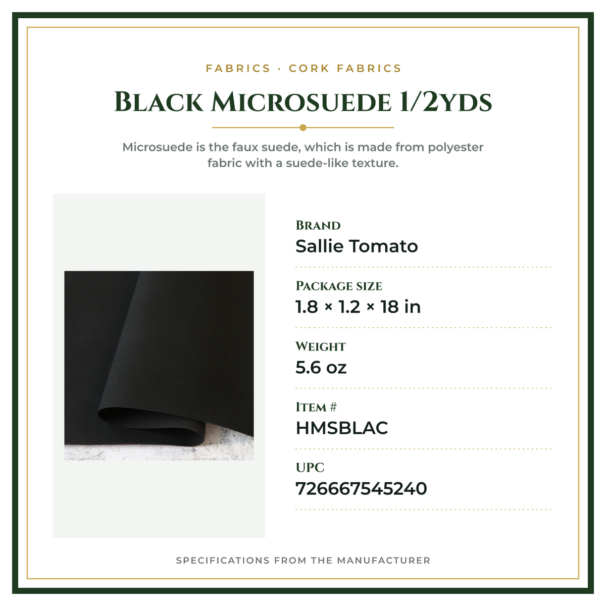 Product Specifications – Black Microsuede 1/2yds