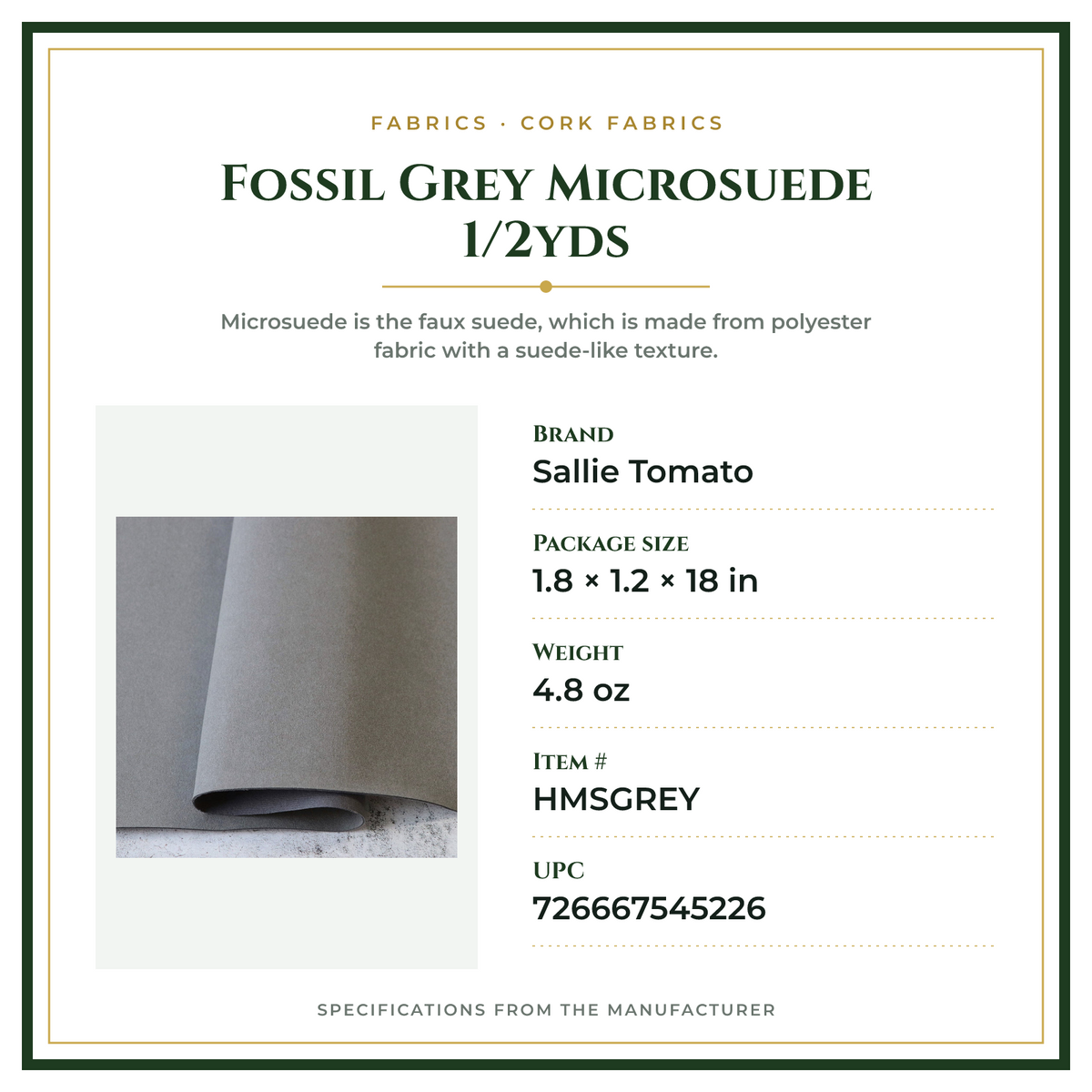 Product Specifications – Fossil Grey Microsuede 1/2yds