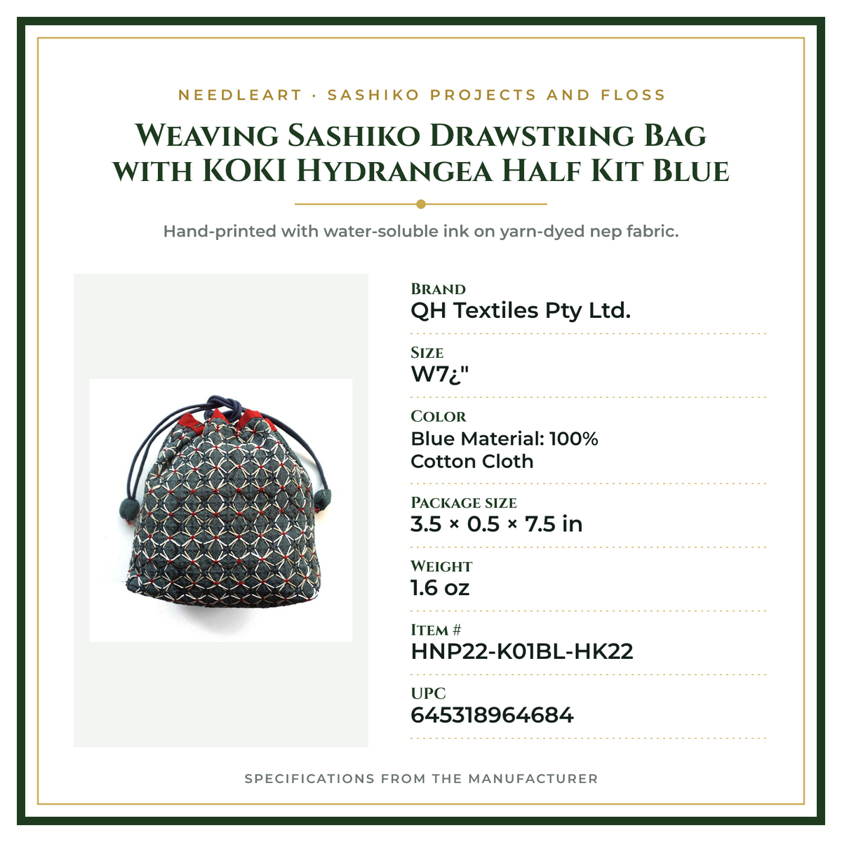 Product Specifications – Weaving Sashiko Drawstring Bag with KOKI Hydrangea Half Kit Blue