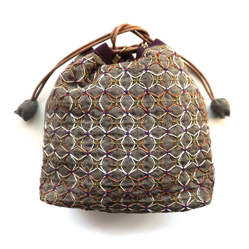 Weaving Sashiko Drawstring Bag with KOKI Hydrangea Full Kit Brown