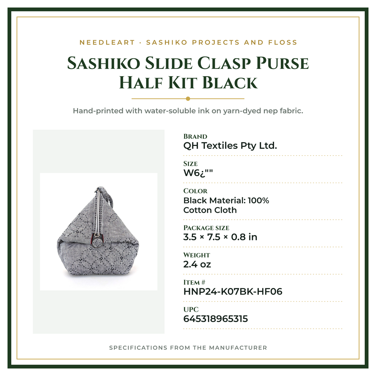 Product Specifications – Sashiko Slide Clasp Purse Half Kit Black