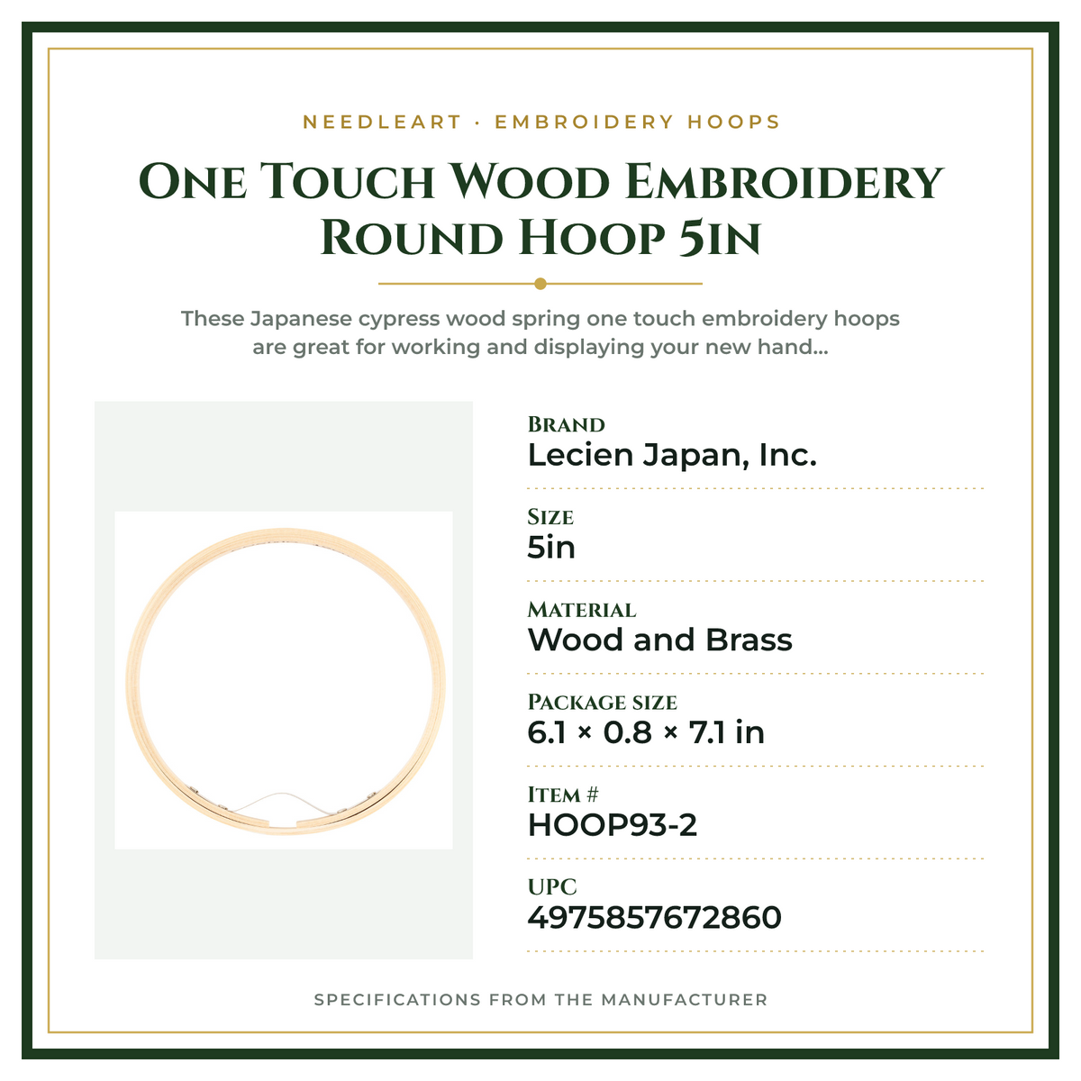 Product Specifications – One Touch Wood Embroidery Round Hoop 5in