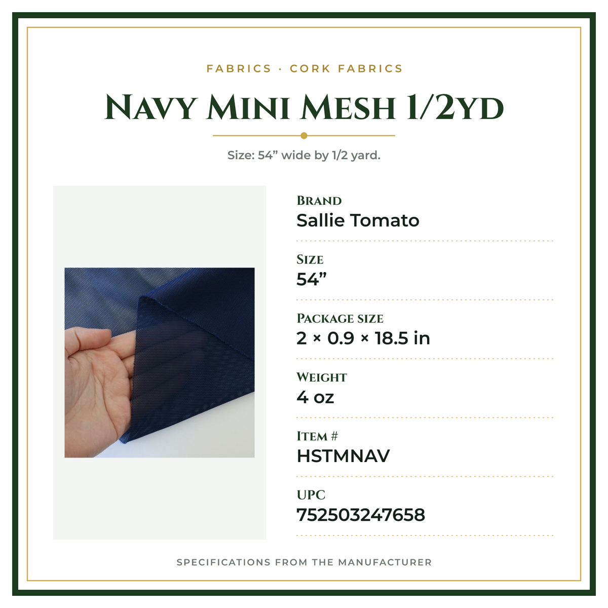 Product Specifications – Navy Mini Mesh 1/2yd