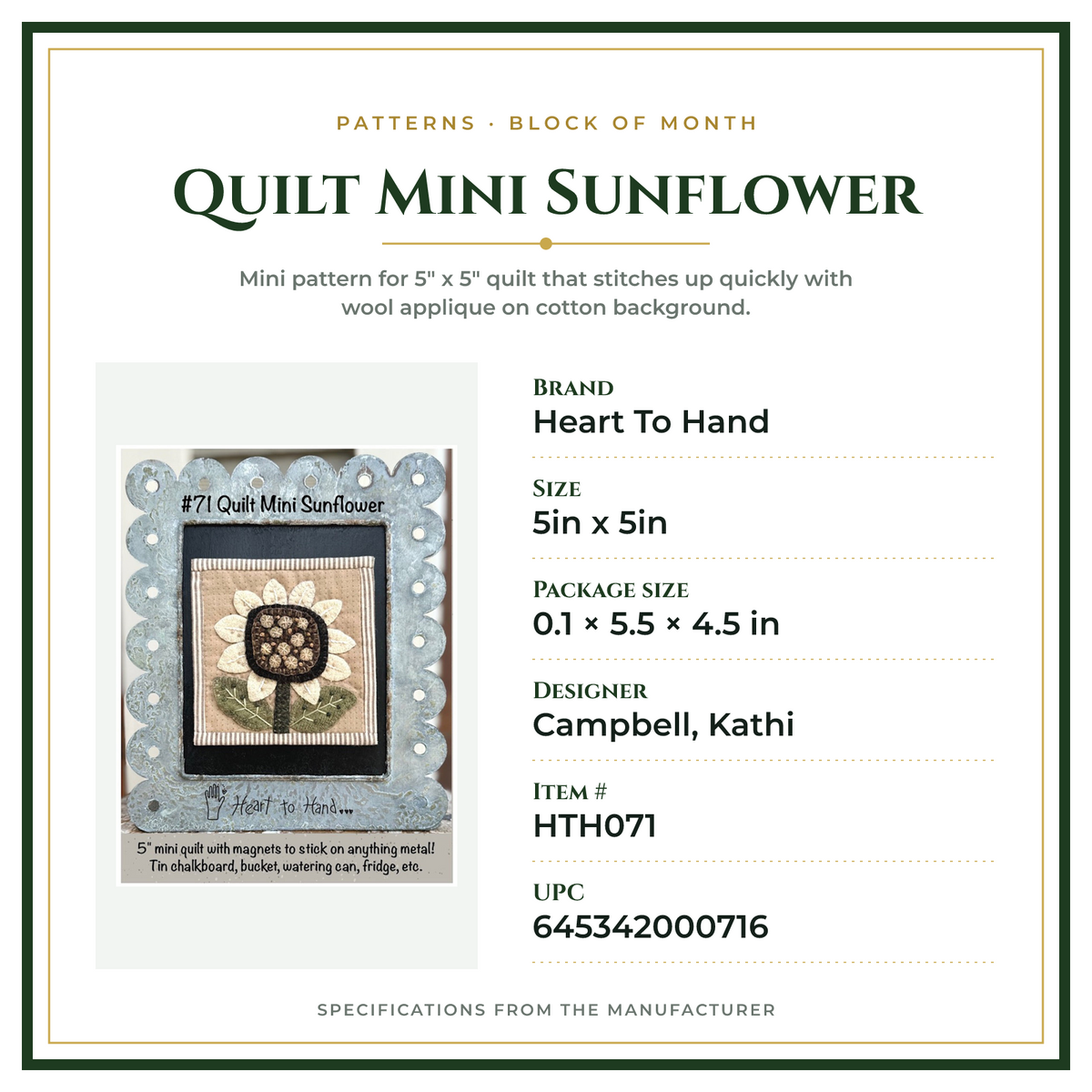 Product Specifications – Quilt Mini Sunflower