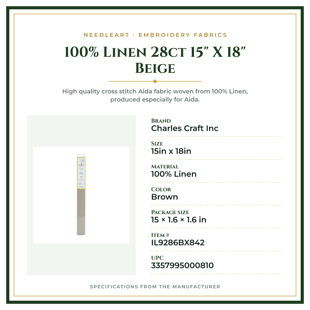 Product Specifications – 100% Linen 28ct 15" X 18" Beige