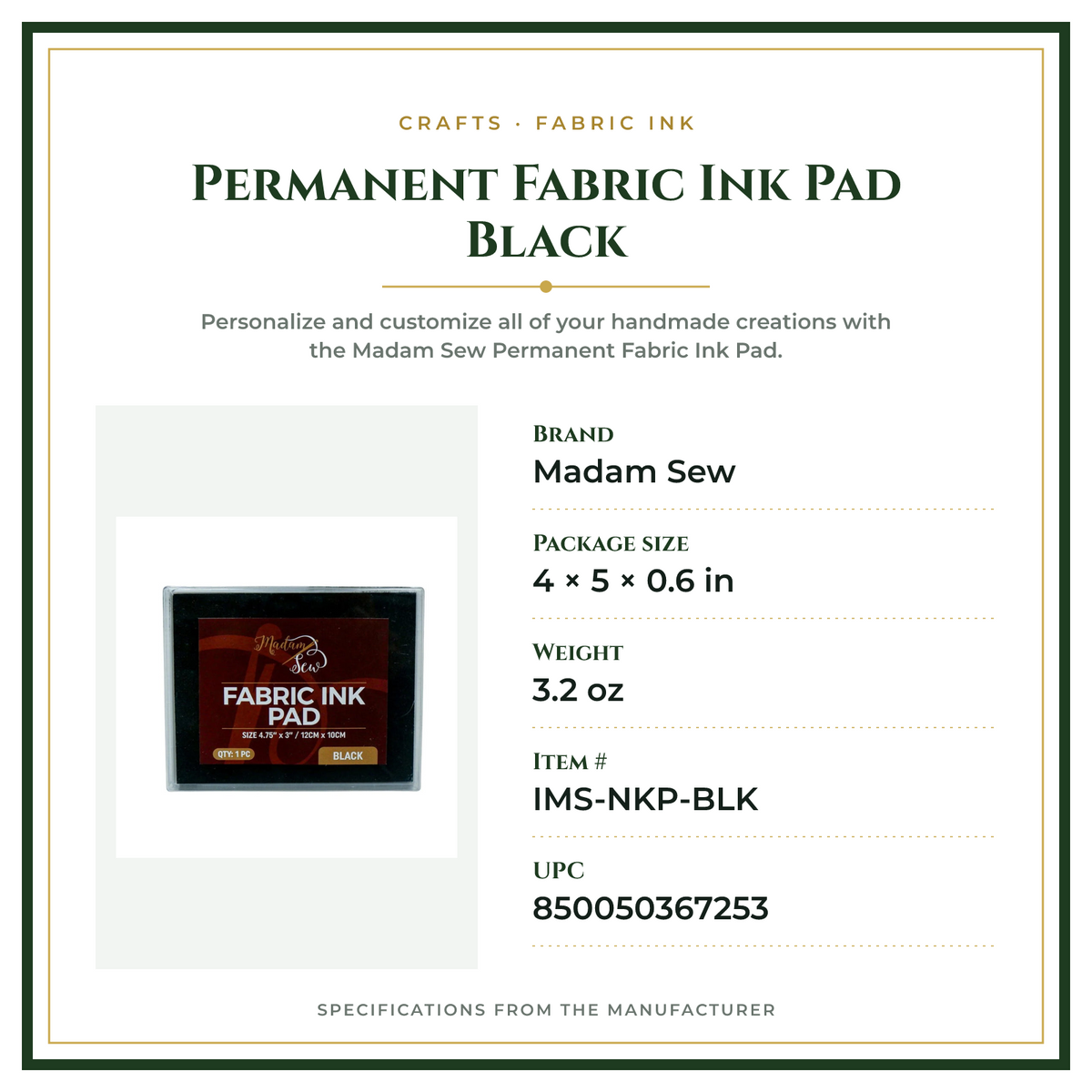 Product Specifications – Permanent Fabric Ink Pad Black