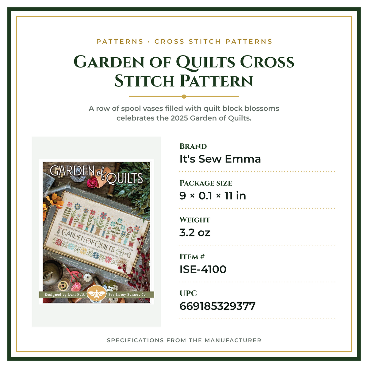 Product Specifications – Garden of Quilts Cross Stitch Pattern