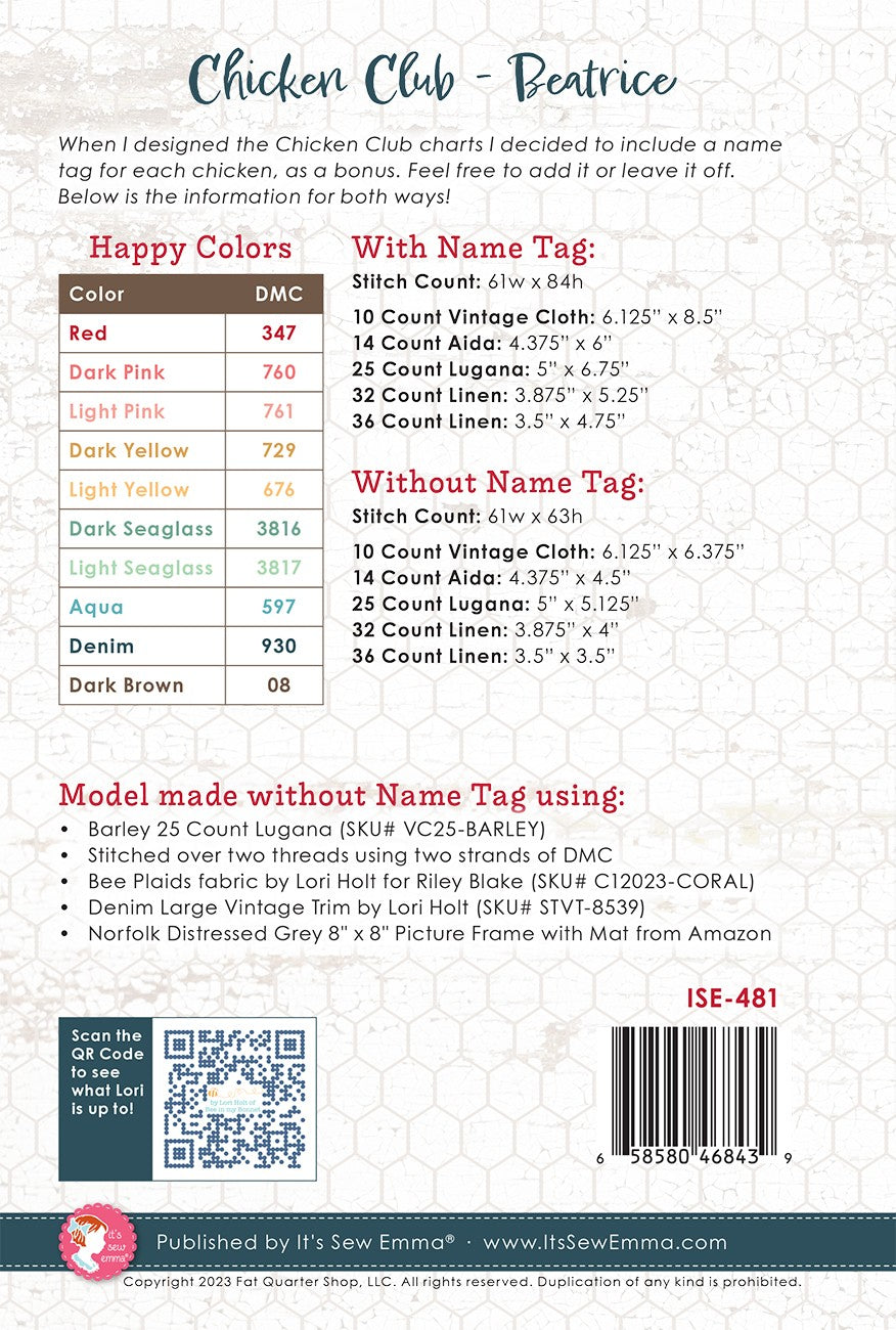 Chicken Club Cross Stitch Pattern of the Month 4 Beatrice