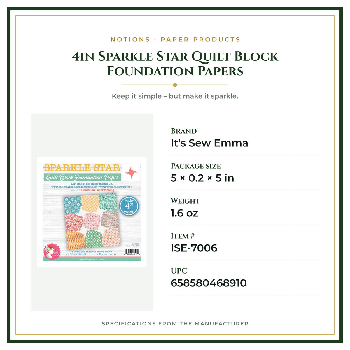 Product Specifications – 4in Sparkle Star Quilt Block Foundation Papers