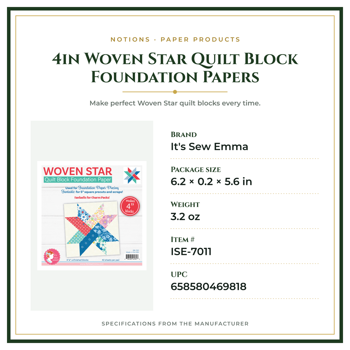 Product Specifications – 4in Woven Star Quilt Block Foundation Papers
