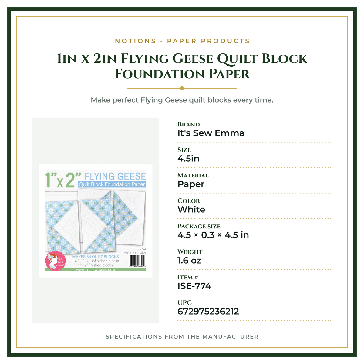 Product Specifications – 1in x 2in Flying Geese Quilt Block Foundation Paper