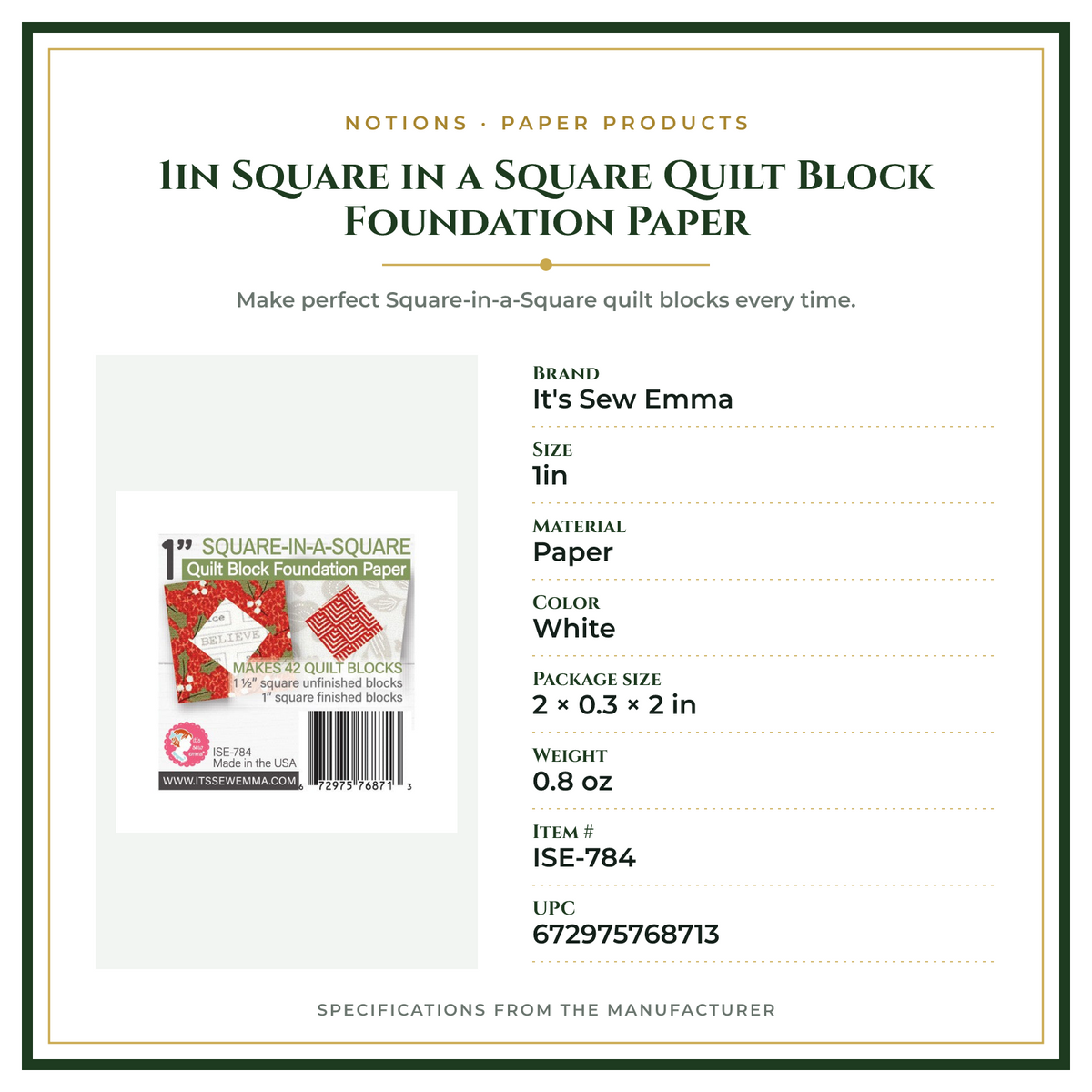 Product Specifications – 1in Square in a Square Quilt Block Foundation Paper