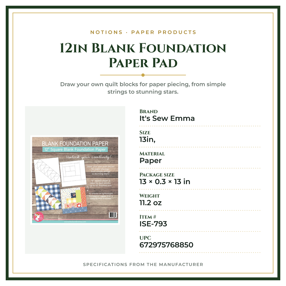 Product Specifications – 12in Blank Foundation Paper Pad