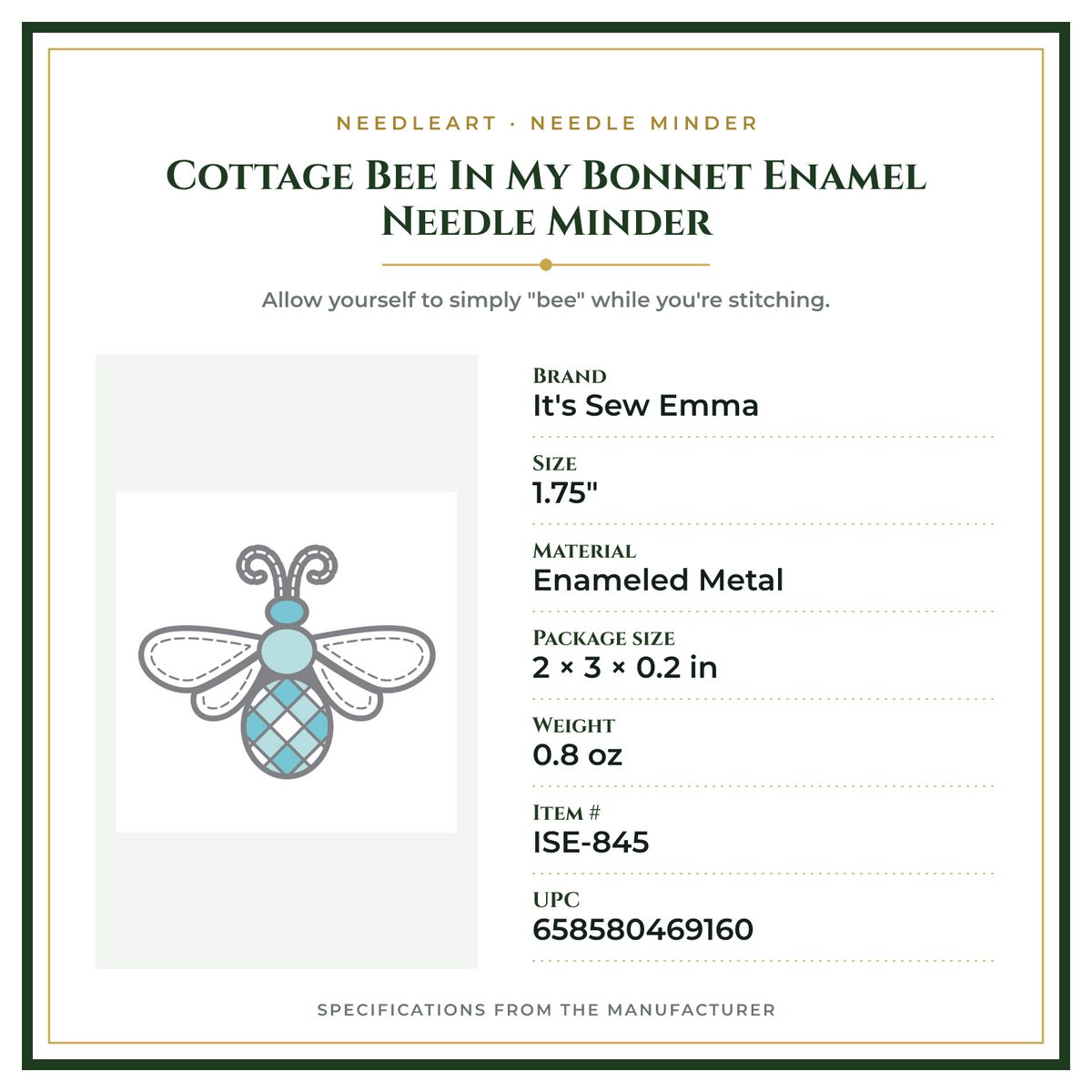 Product Specifications – Cottage Bee In My Bonnet Enamel Needle Minder