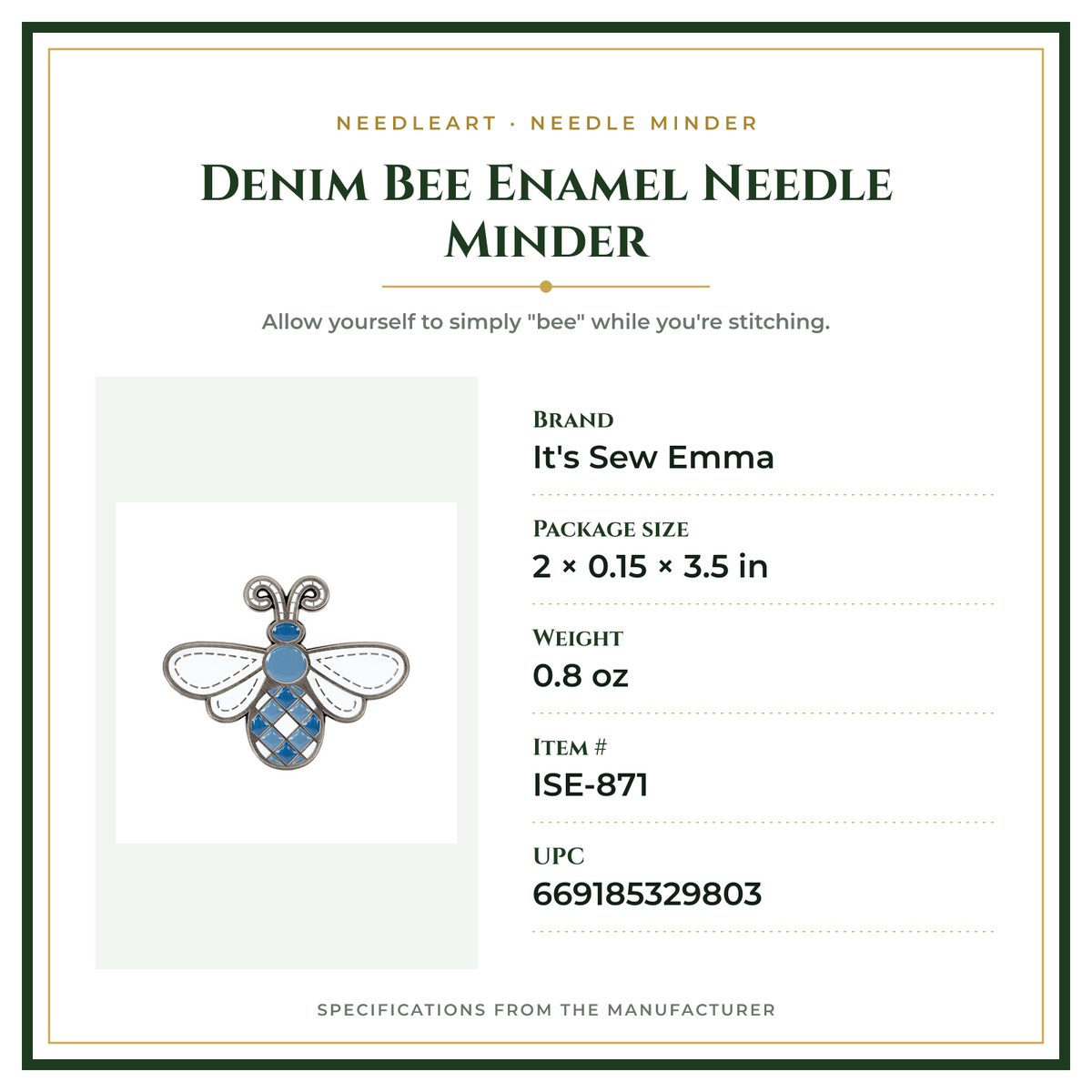 Product Specifications – Denim Bee Enamel Needle Minder
