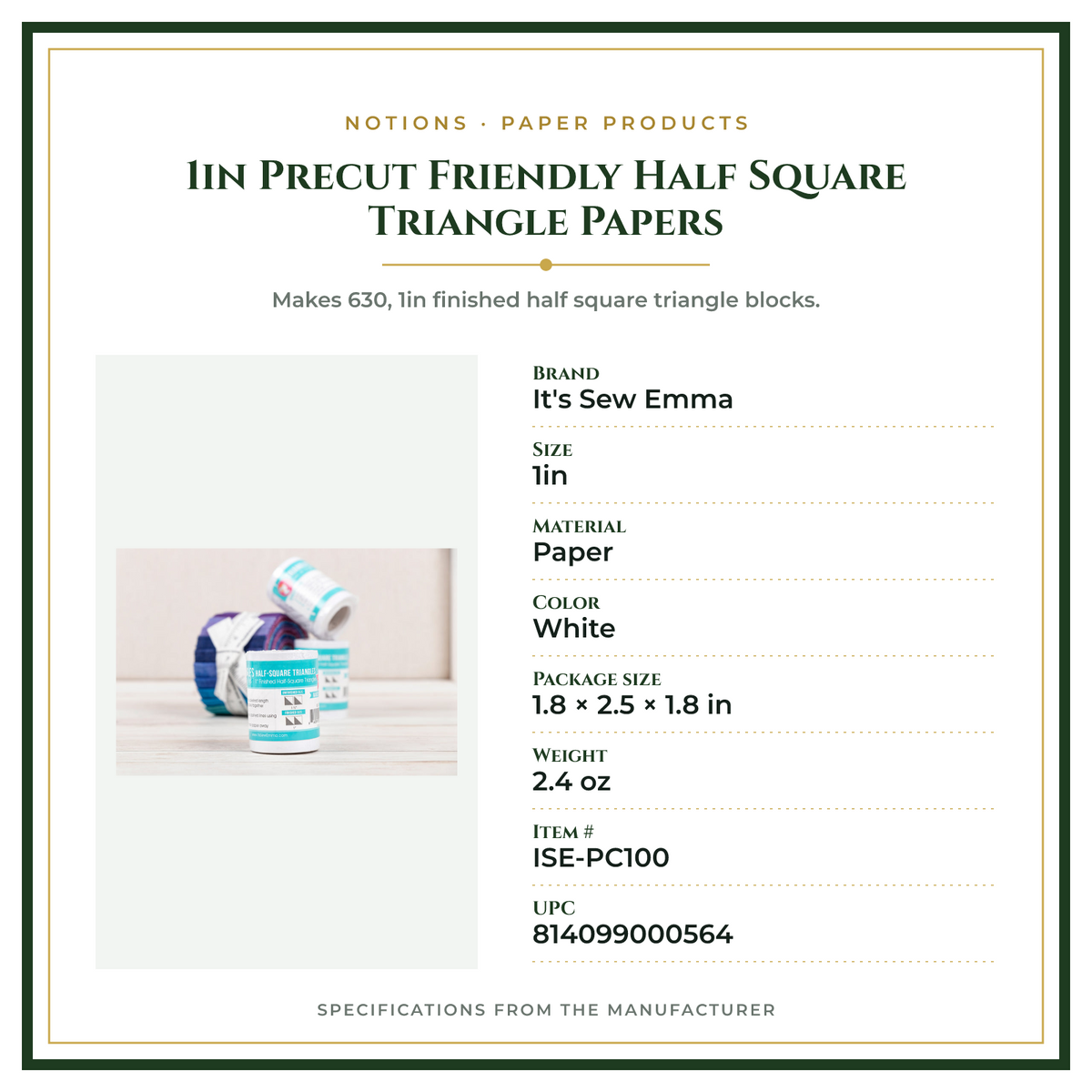 Product Specifications – 1in Precut Friendly Half Square Triangle Papers