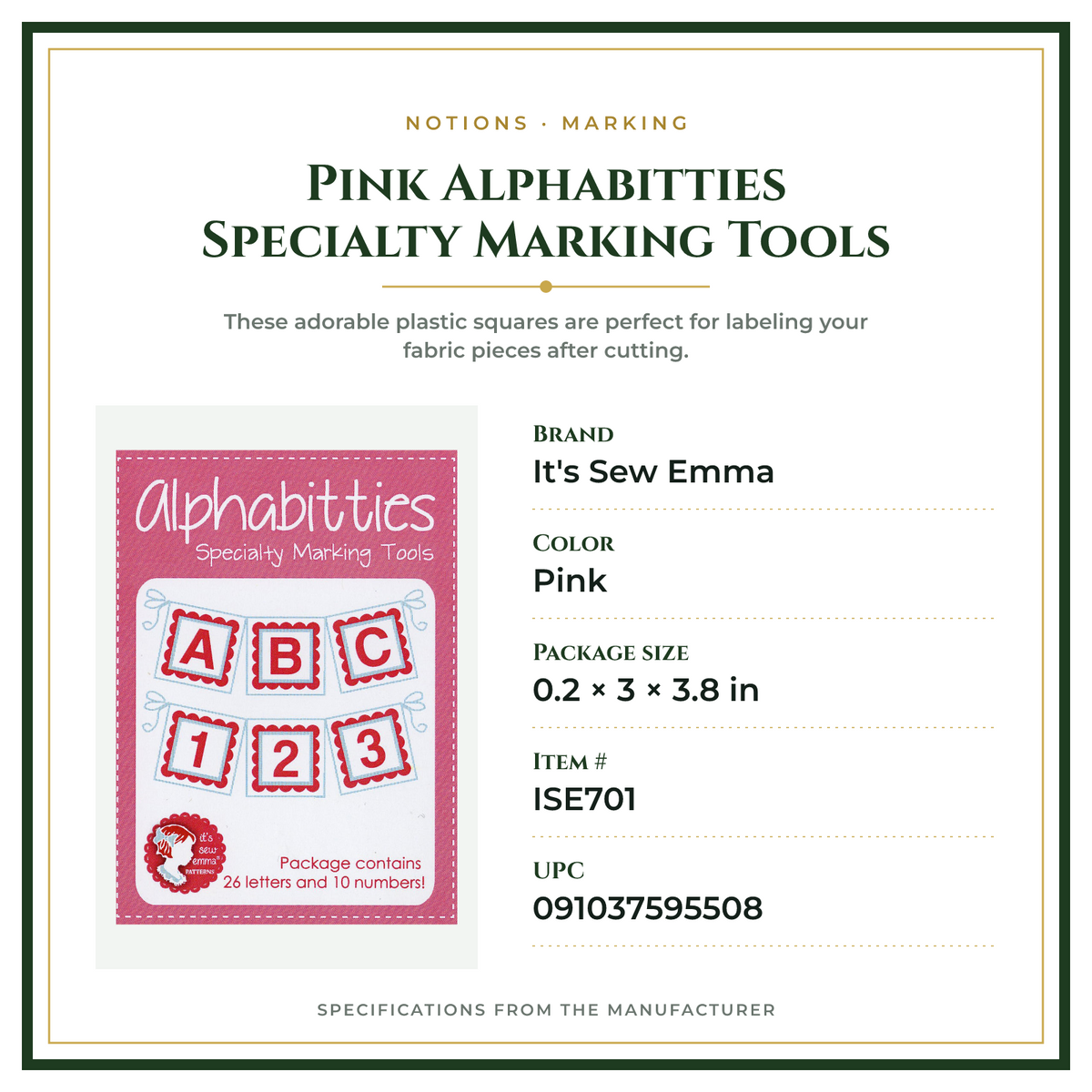 Product Specifications – Pink Alphabitties Specialty Marking Tools