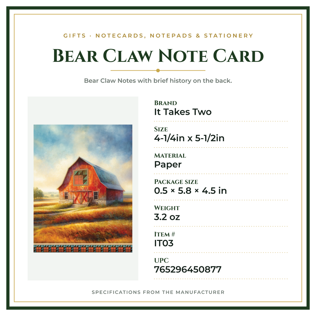 Product Specifications – Bear Claw Note Card