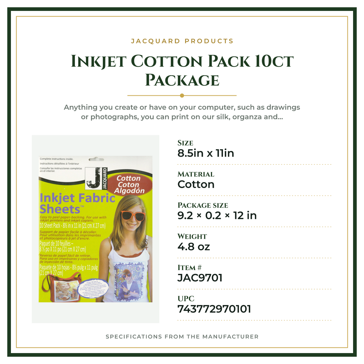 Product Specifications – Inkjet Cotton Pack 10ct Package